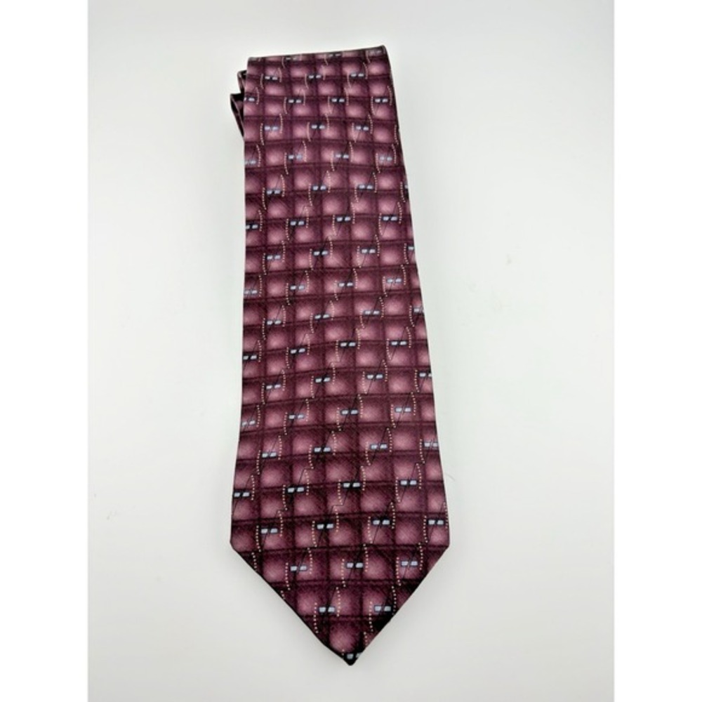 Zylos George Machado Mens Silk Necktie Plum Burgundy Blue Geometric Grid Pattern